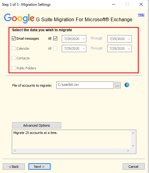 Select data to import olm to gmail