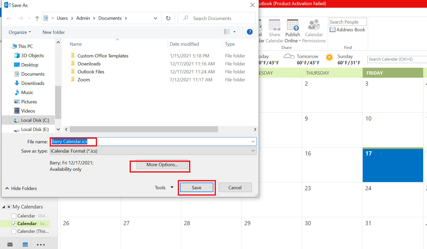 save Outlook calendar to any location
