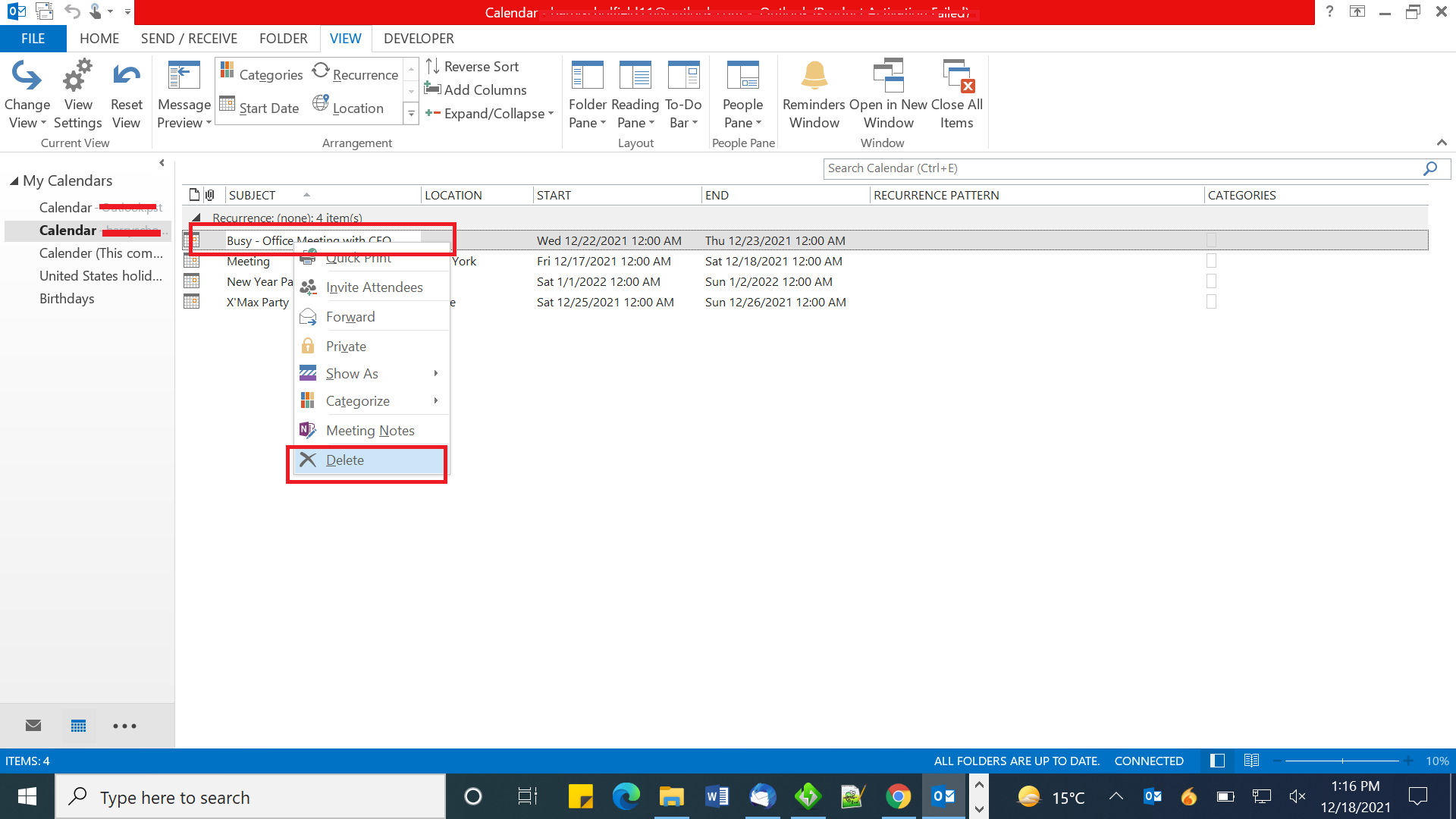 duplicate calendar in Outlook 2019, 2016, 2013