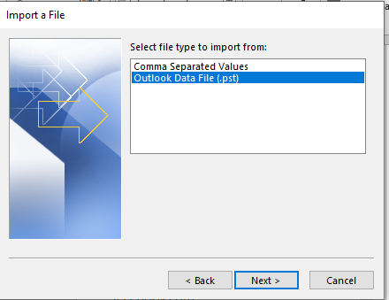 select outlook data file