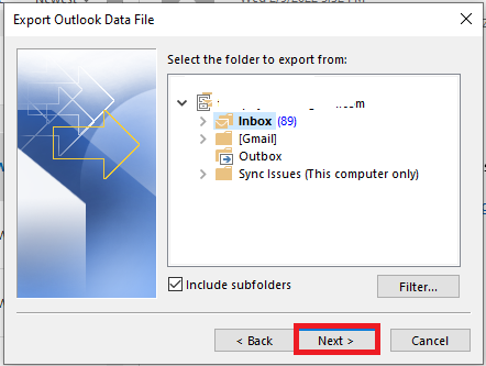 select the outlook folder data