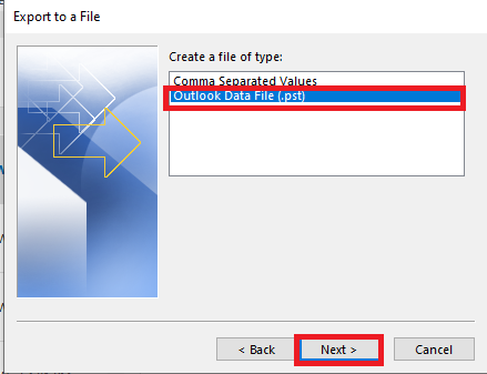 select outlook pst option