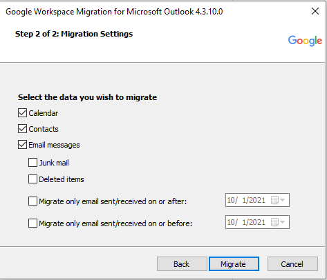 decide data of outlook to import