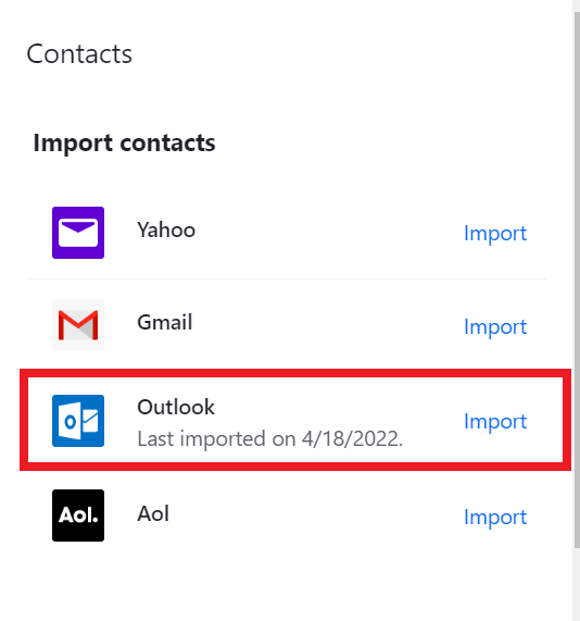 select outlook option to transfer contacts